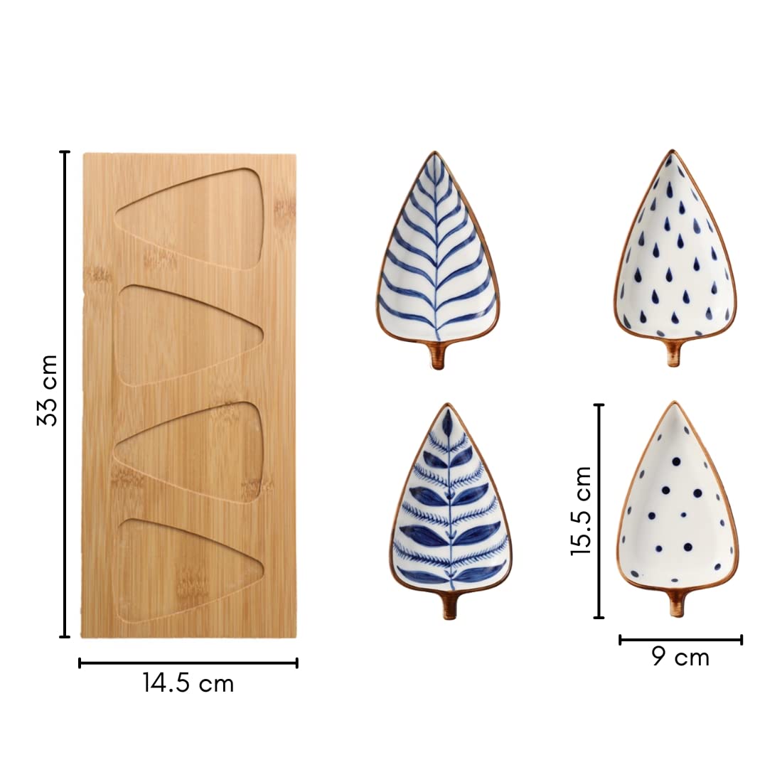 Ceramic Serving Platter | 4 Small Leaf-Shaped Plates with 1 Wooden Tray