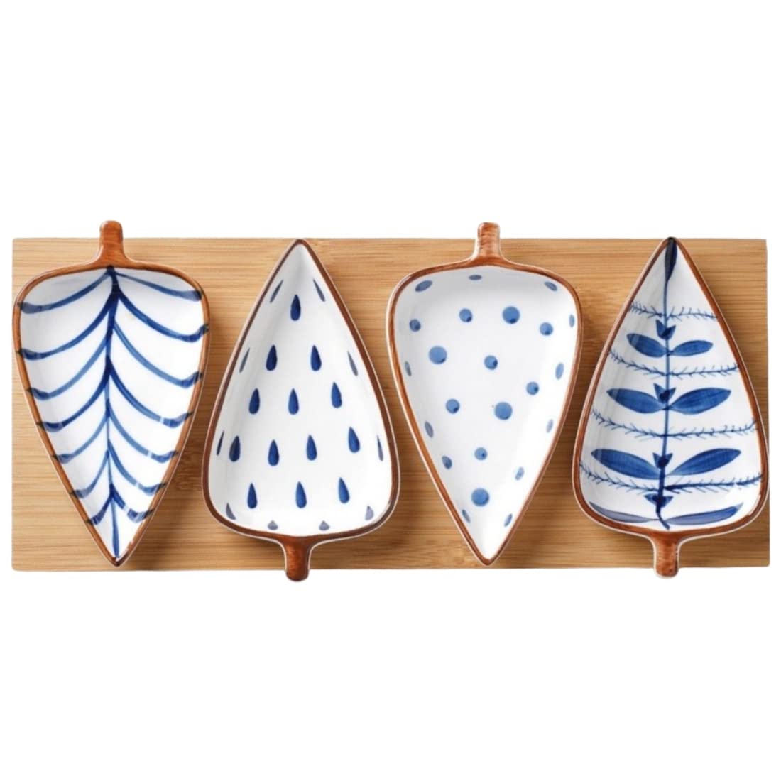 Ceramic Serving Platter | 4 Small Leaf-Shaped Plates with 1 Wooden Tray