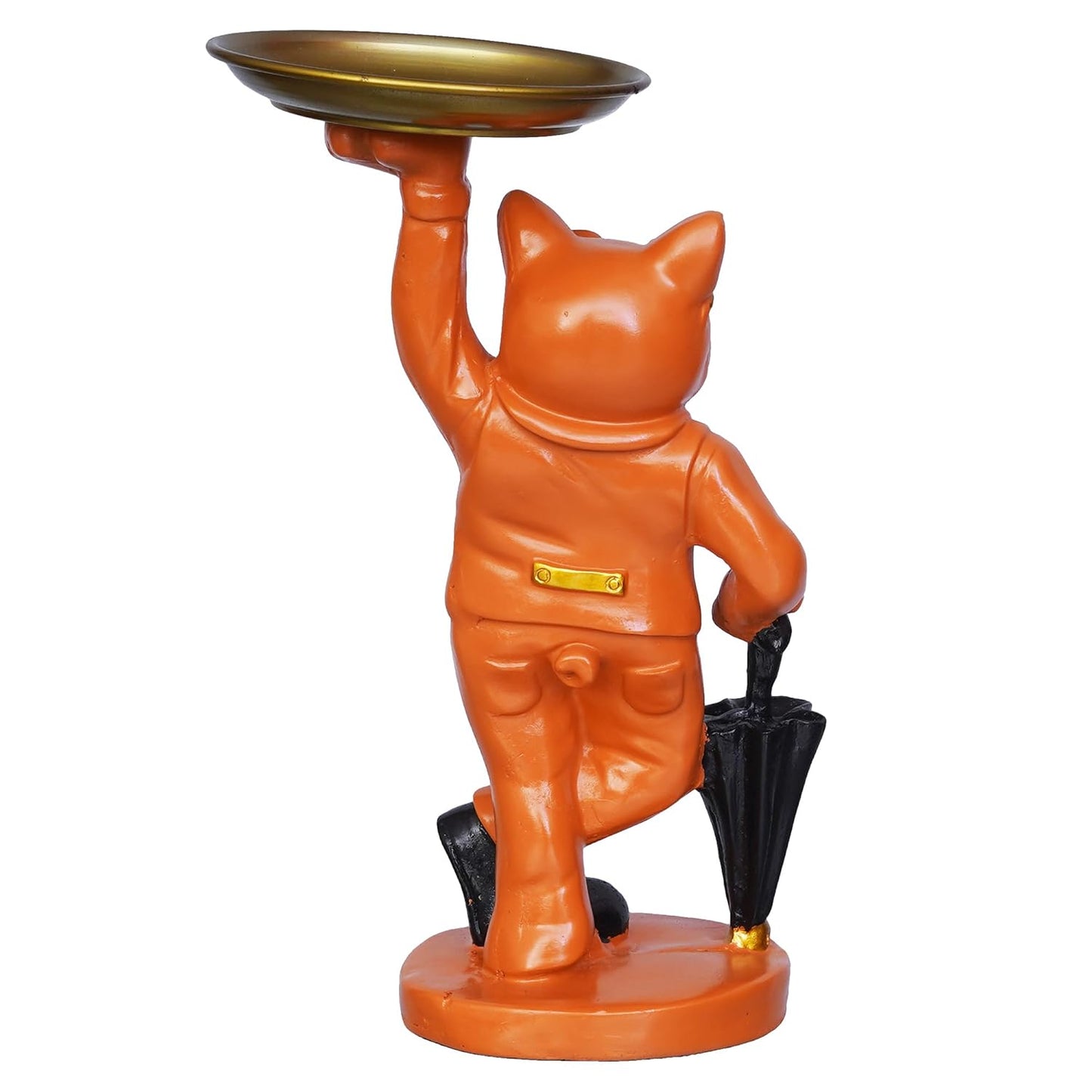 Bulldog Statue in Glasses Holding Black Umbrella & Tray