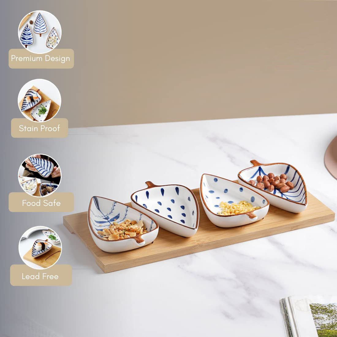 Ceramic Serving Platter | 4 Small Leaf-Shaped Plates with 1 Wooden Tray