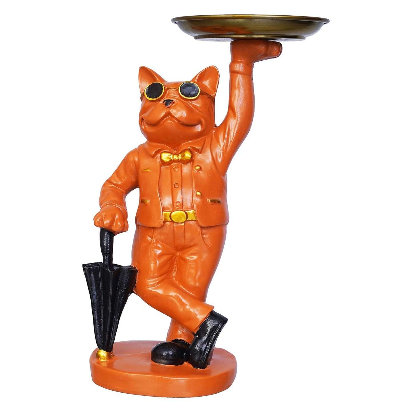 Bulldog Statue in Glasses Holding Black Umbrella & Tray
