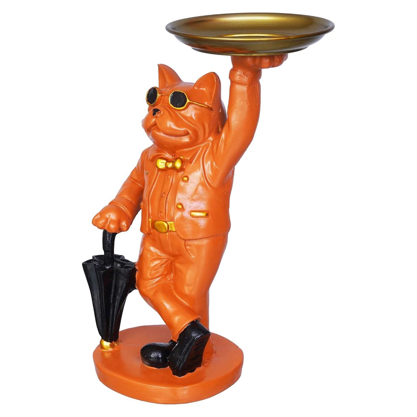 Bulldog Statue in Glasses Holding Black Umbrella & Tray