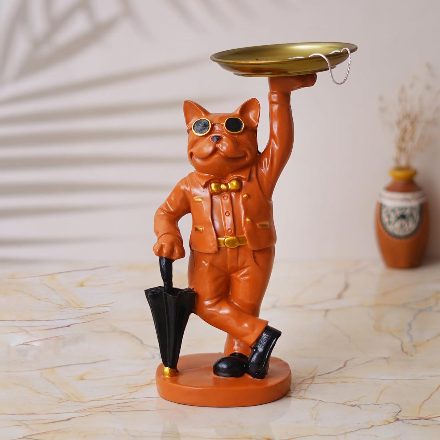 Bulldog Statue in Glasses Holding Black Umbrella & Tray