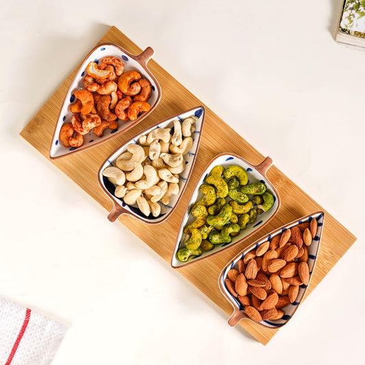 Ceramic Serving Platter | 4 Small Leaf-Shaped Plates with 1 Wooden Tray