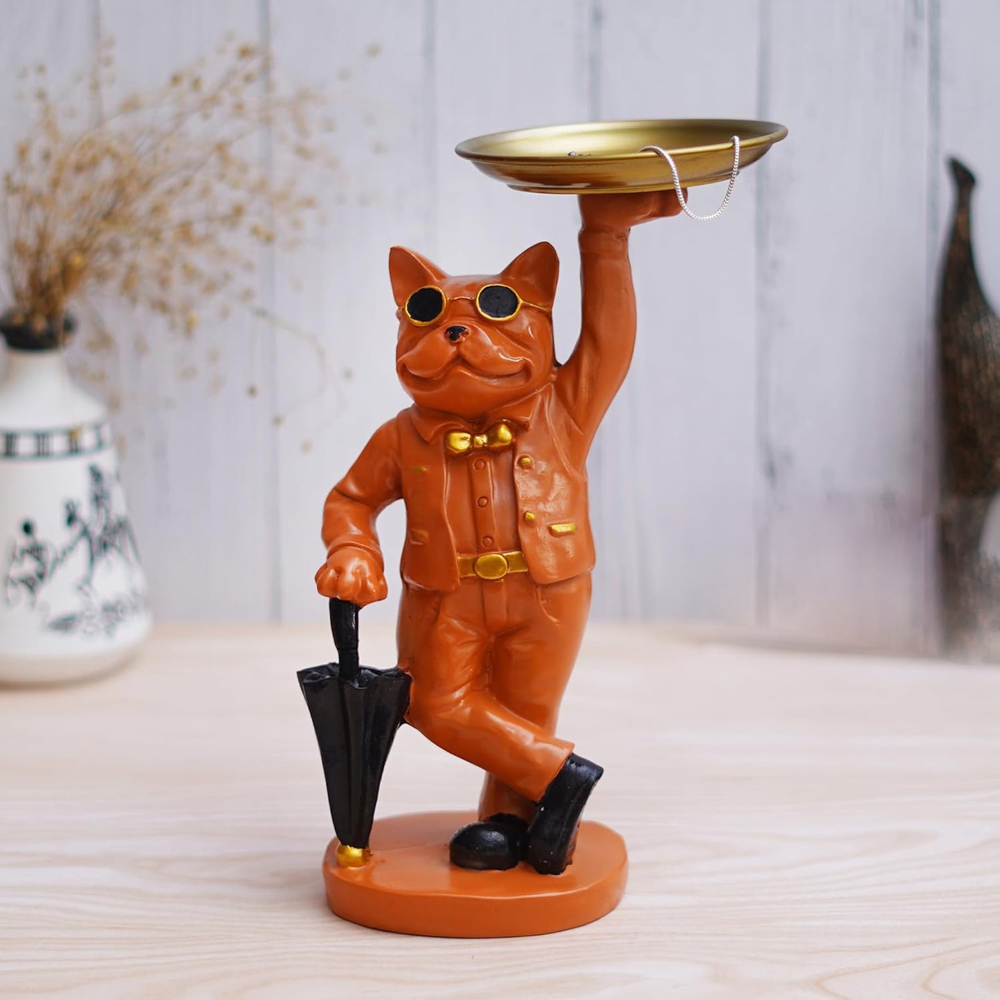 Bulldog Statue in Glasses Holding Black Umbrella & Tray