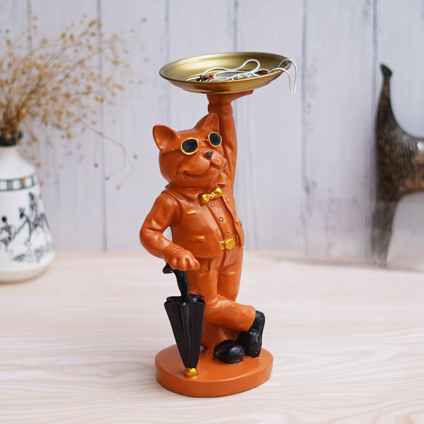 Bulldog Statue in Glasses Holding Black Umbrella & Tray
