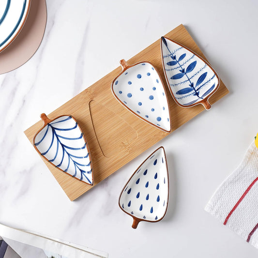 Ceramic Serving Platter | 4 Small Leaf-Shaped Plates with 1 Wooden Tray