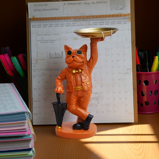 Bulldog Statue in Glasses Holding Black Umbrella & Tray